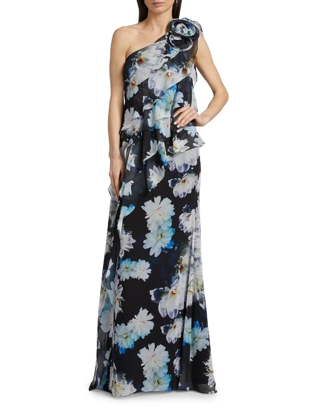 Rickie Freeman for Teri Jon Floral Ruffle Chiffon One-Shoulder Gown